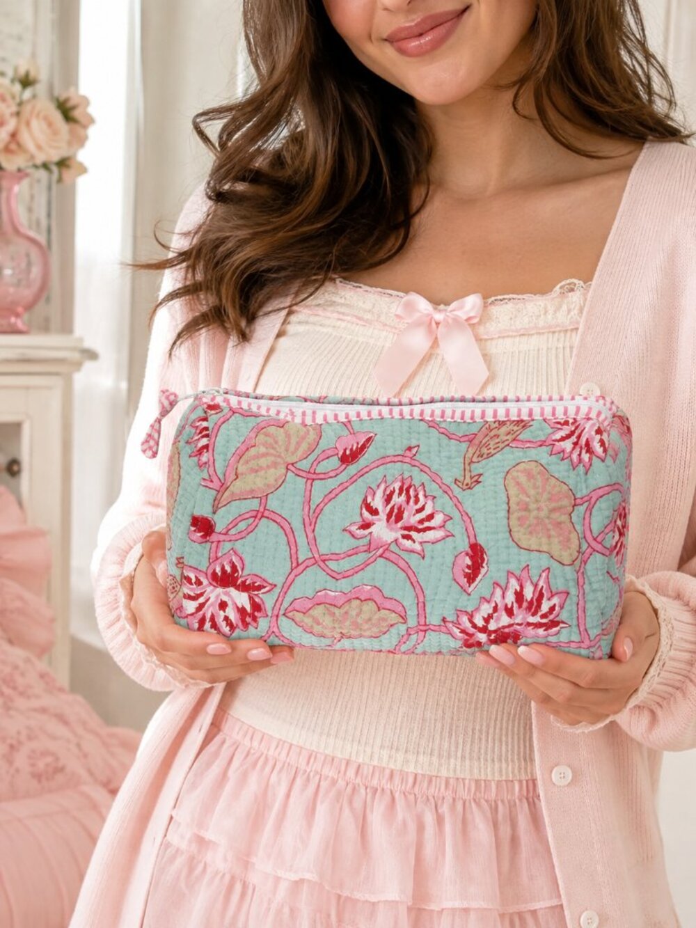 Large Makeup Storage Pink Floral Fabric Coquette Style Quilted Cosmetic Bag